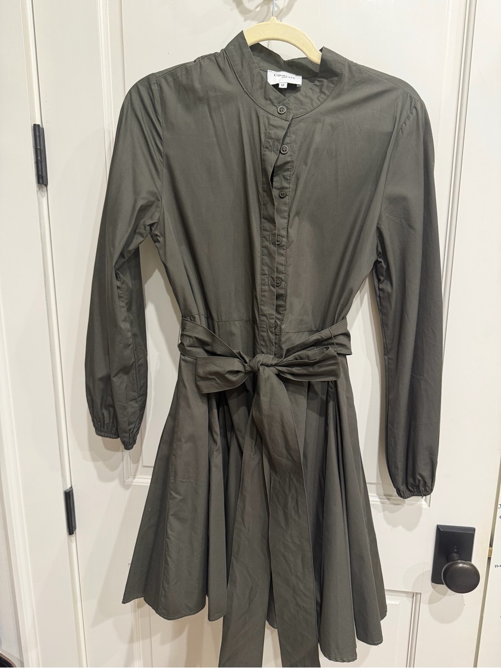 Olive Green Button-Front Belted Shirt Dress; size M
